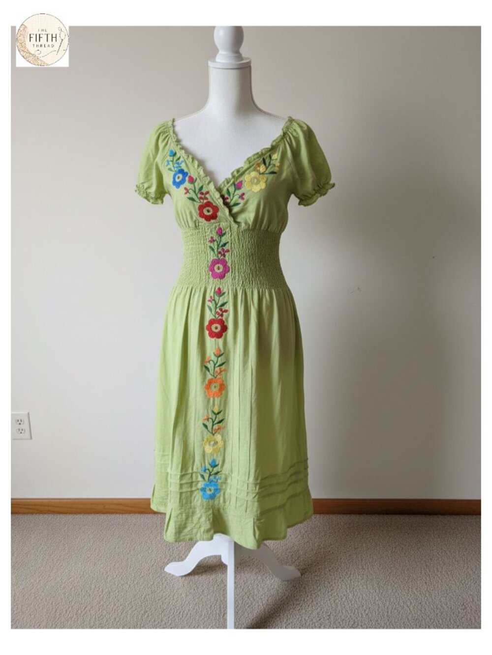 Mexican Embroidered Ruffle V-Neck A-Line Midi Dress Cotton